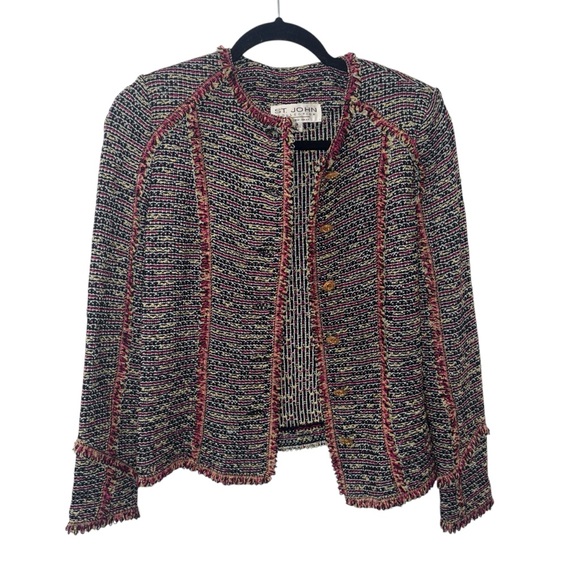 St. John Collection Fringe Trimmed Jacket in Burgundy/Wheat Multicolor Sz 2 - Picture 6 of 11